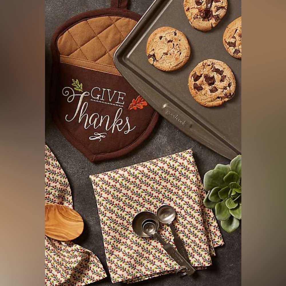 Give Thanks Potholder Towel Set 2 PC Brown Tan Thanksgiving Hostess Gift New NWT